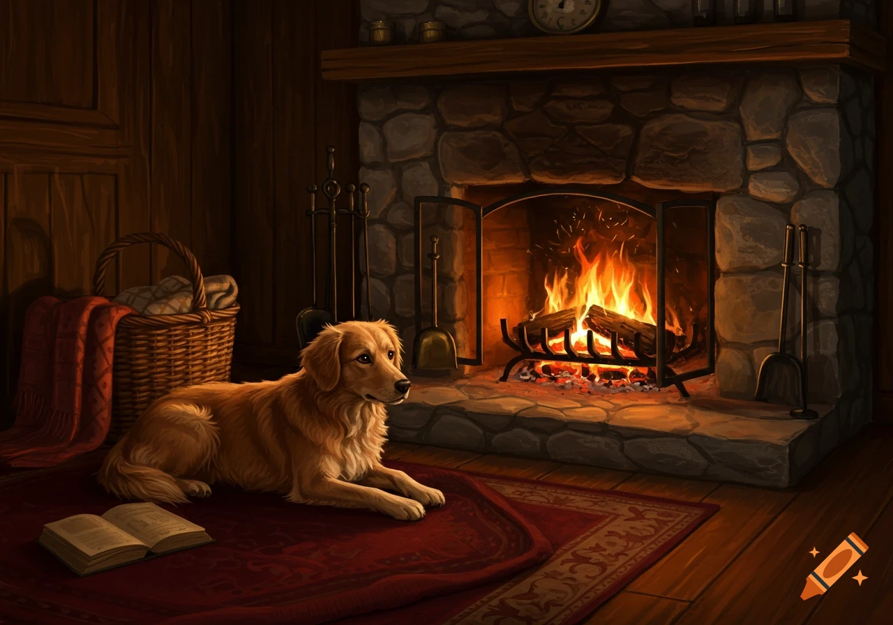 A golden retriever lies on a red rug by a warm stone fireplace, with an open book and a basket nearby.