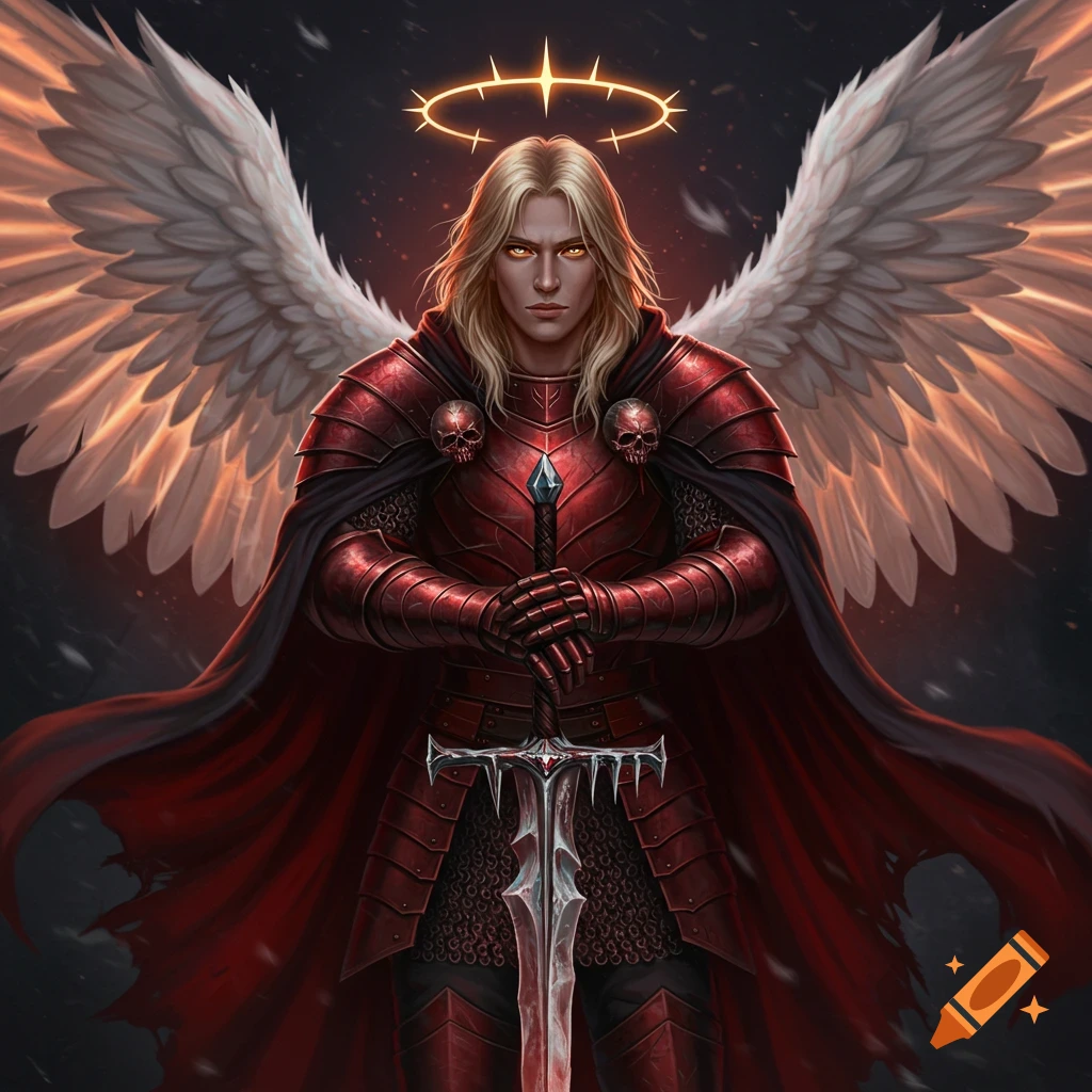 A blond-haired warrior with glowing gold eyes, red plate armor, white angel wings, and a spiked halo, holding a greatsword.