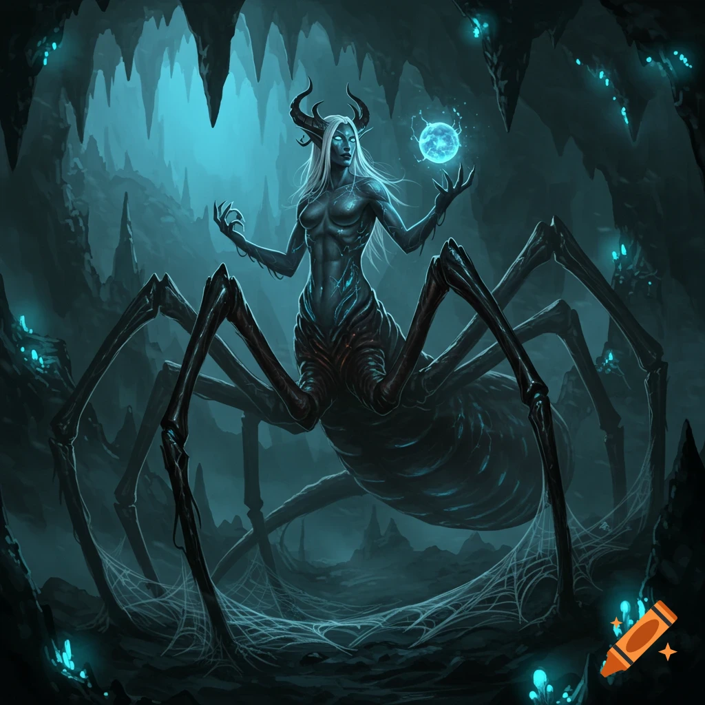 Dark fantasy art of a pale drider with horns and white hair, holding a glowing blue orb in a mystical, crystal-filled cave.