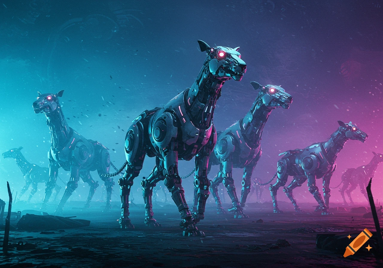 Several metallic, dog-like robots with glowing red eyes stand in a foggy, neon-lit sci-fi landscape.