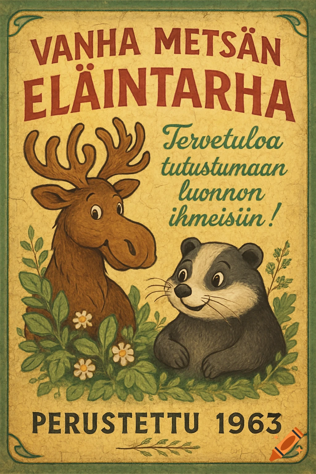 A vintage zoo sign featuring cartoon animals: a moose and a badger. Text reads 'Vanha Metsän Eläintarha Perustettu 1963'.