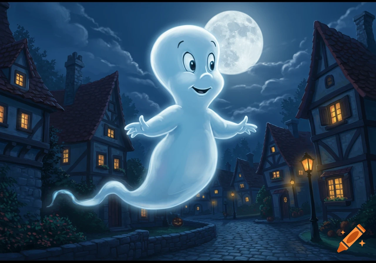 Casper the Friendly Ghost floats over a quaint cobblestone village street at night, illuminated by a full moon and glowing windows.