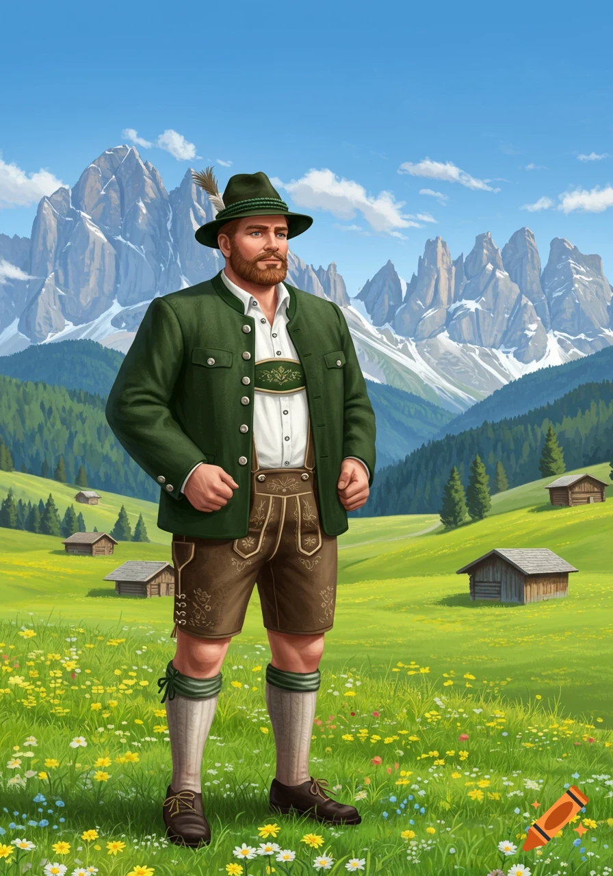 A man in traditional Tyrolean lederhosen and jacket stands in a vibrant green mountain meadow with huts and snow-capped peaks.