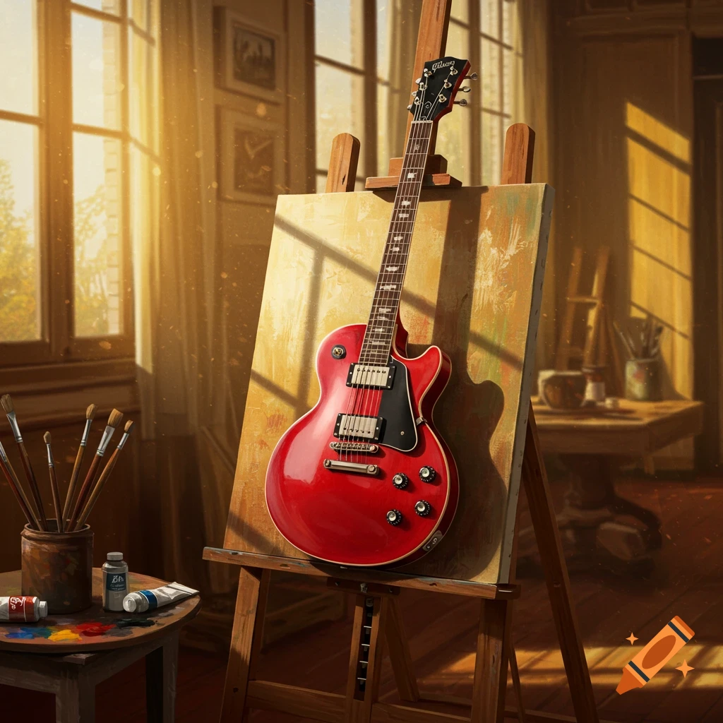 A red Gibson electric guitar rests on an easel in a sunlit art studio, with painting supplies nearby.