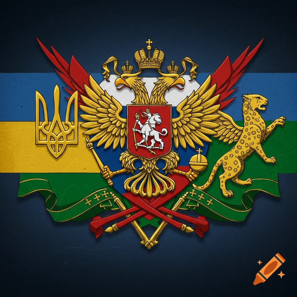 Stylized coat of arms combining Ukrainian trident, Russian double-headed eagle with horseman, and a Tatar leopard on a striped background.