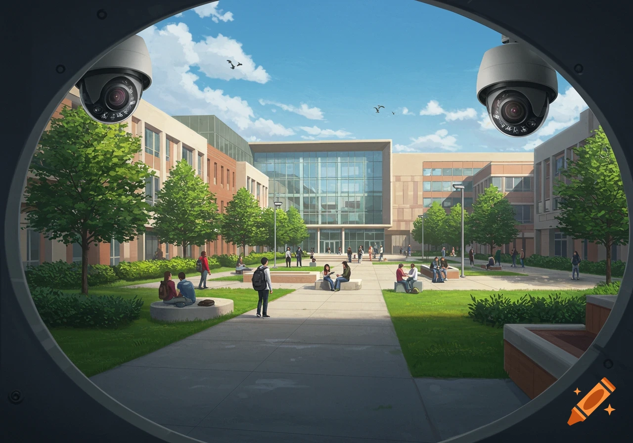 An illustration of a vibrant college campus quad from inside a security camera's view, with students mingling.