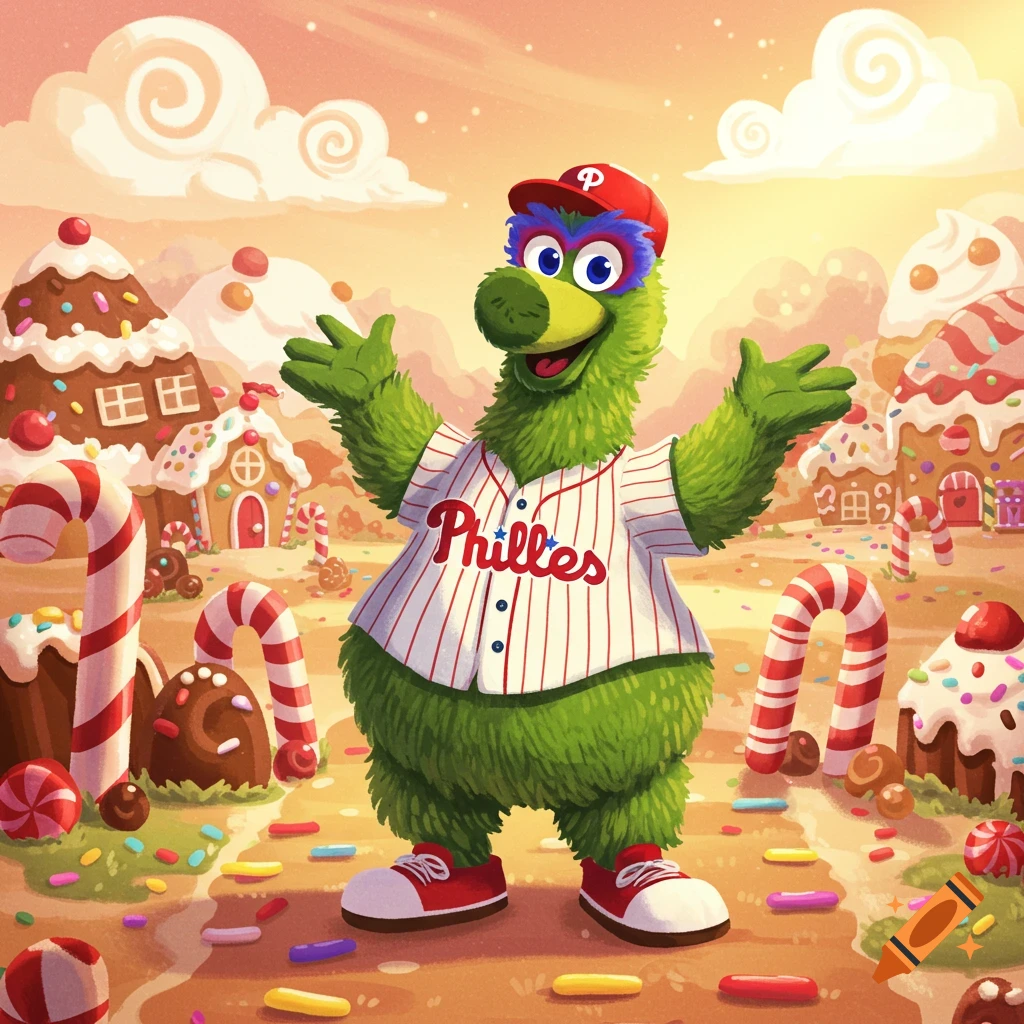 Green furry Phillie Phanatic mascot in a baseball uniform stands in a whimsical candy land with gingerbread houses and sweets.