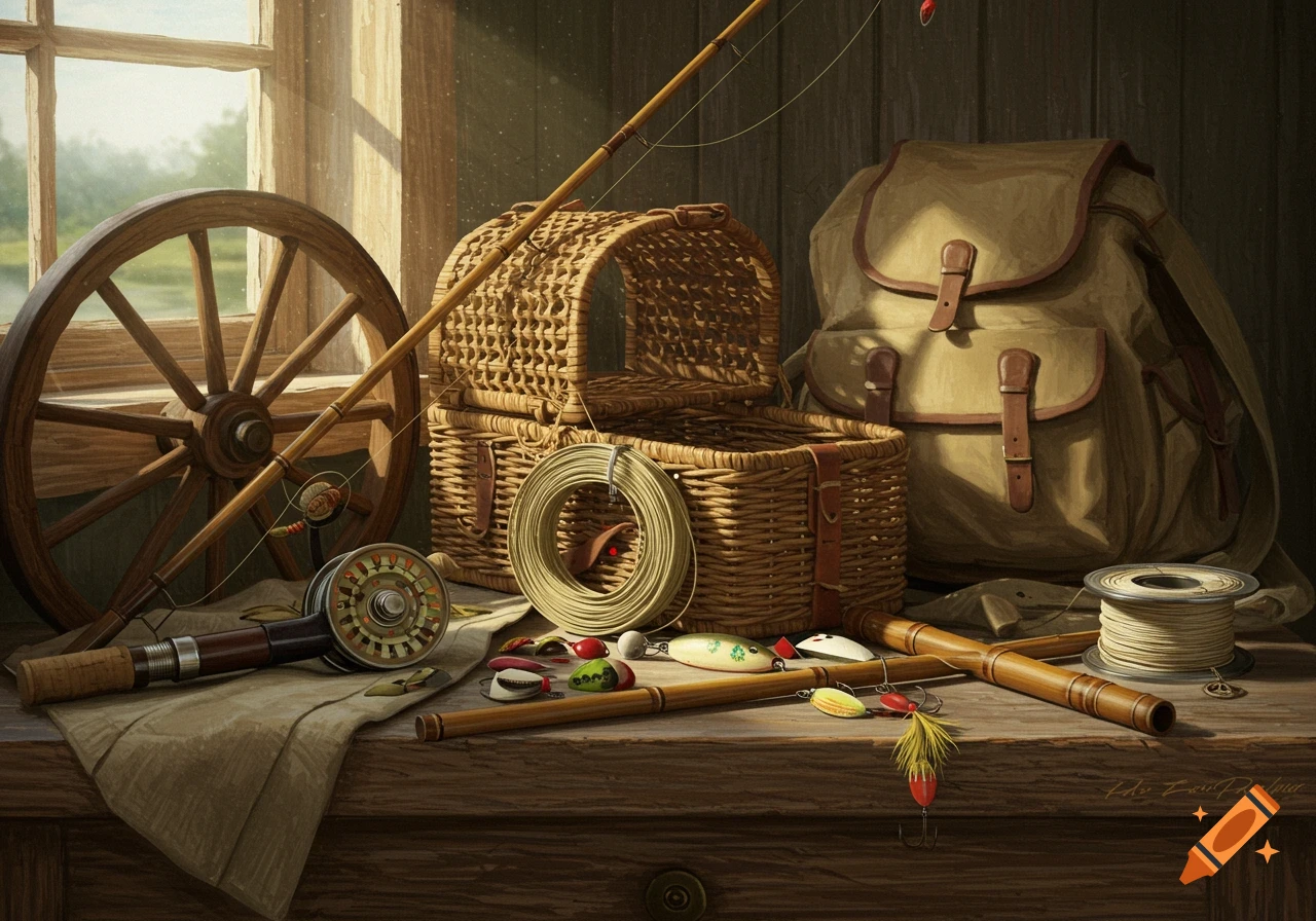 Photorealistic still life of vintage fishing gear, including a rod, wicker creel, backpack, and wooden wheel, on a wooden table by a sunlit window.