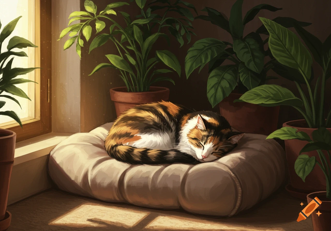 A calico cat sleeps curled up on a light cushion by a sunlit window, surrounded by potted houseplants, in an illustration.