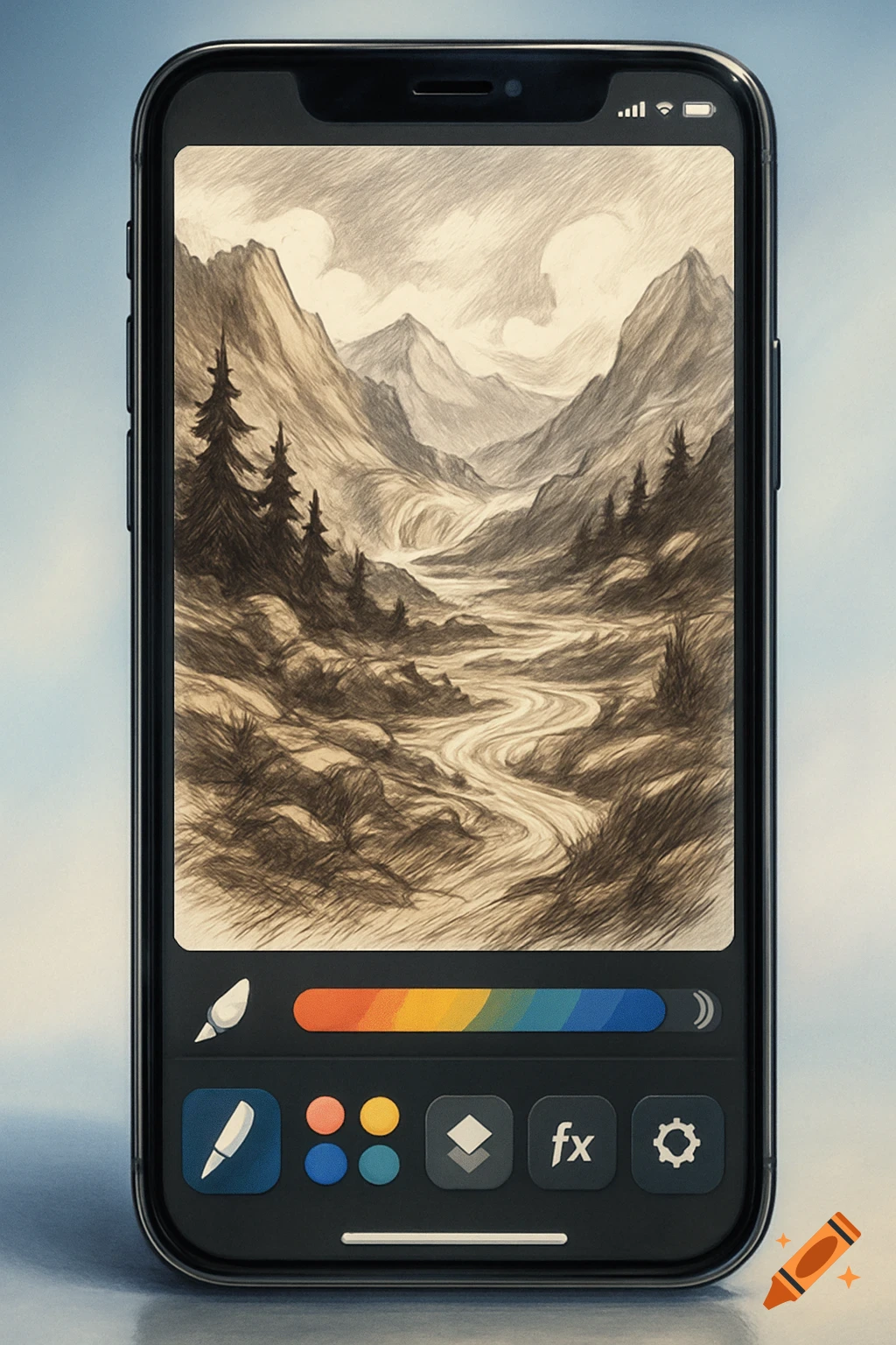 A black smartphone displays a digital drawing app with a gray pencil sketch of a mountain landscape and a winding river.