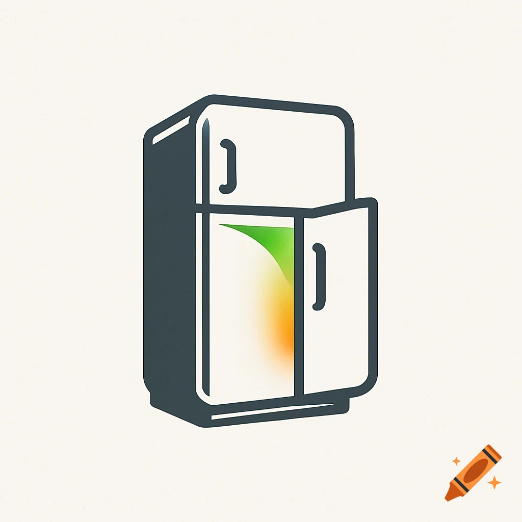 Minimalist logo of a grey refrigerator with an open door revealing a green and orange gradient inside.