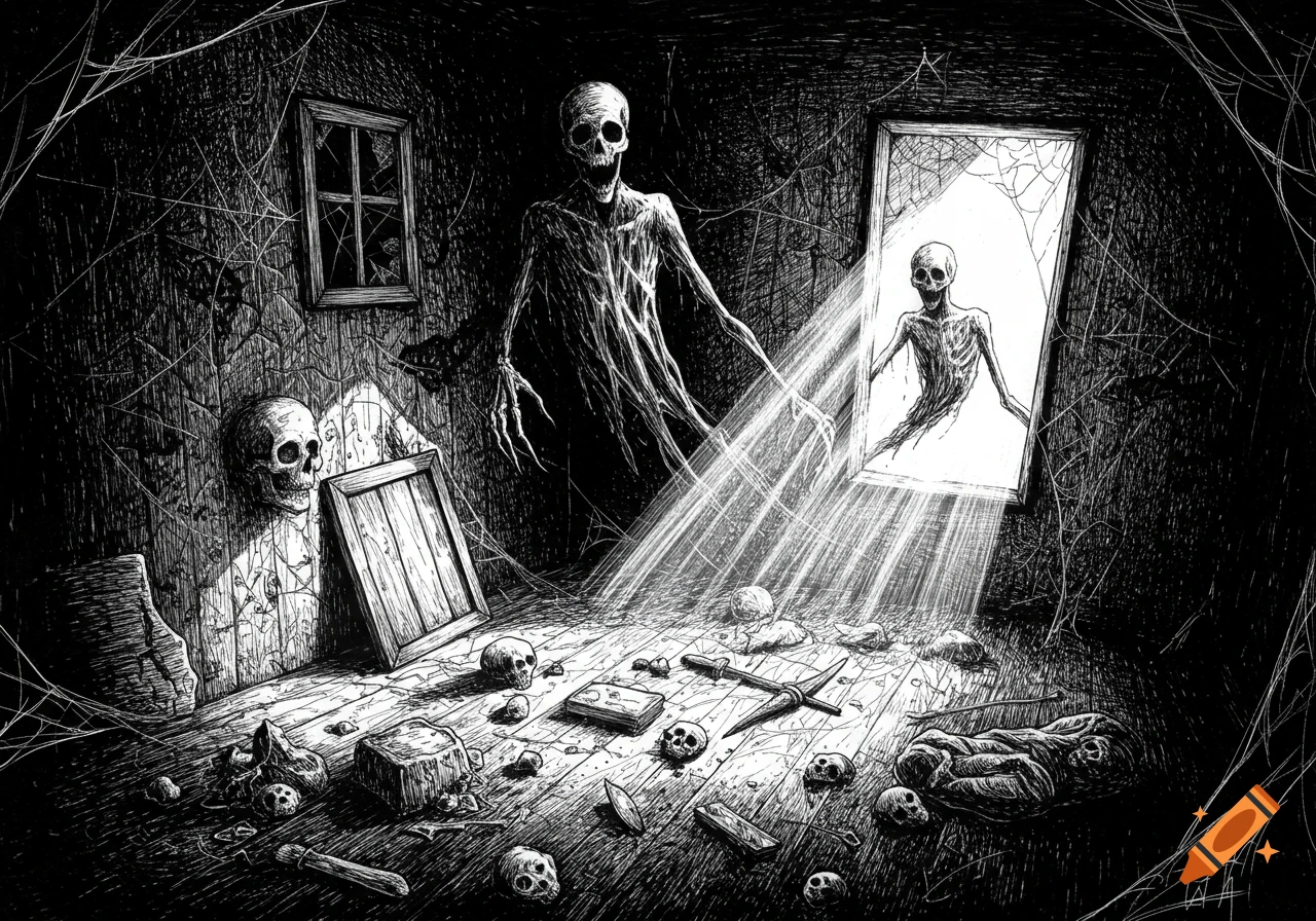A skeletal ghost looms in a dark, dilapidated room with scattered skulls, drawn in black and white line art.