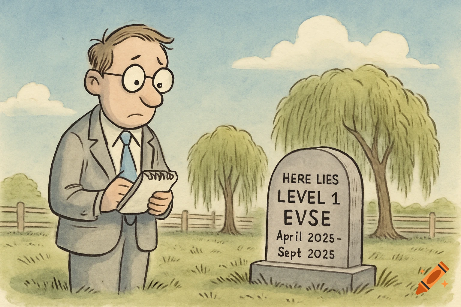 A cartoon man in a suit and glasses looks sadly at a gravestone in a grassy field with willow trees, taking notes on a pad.