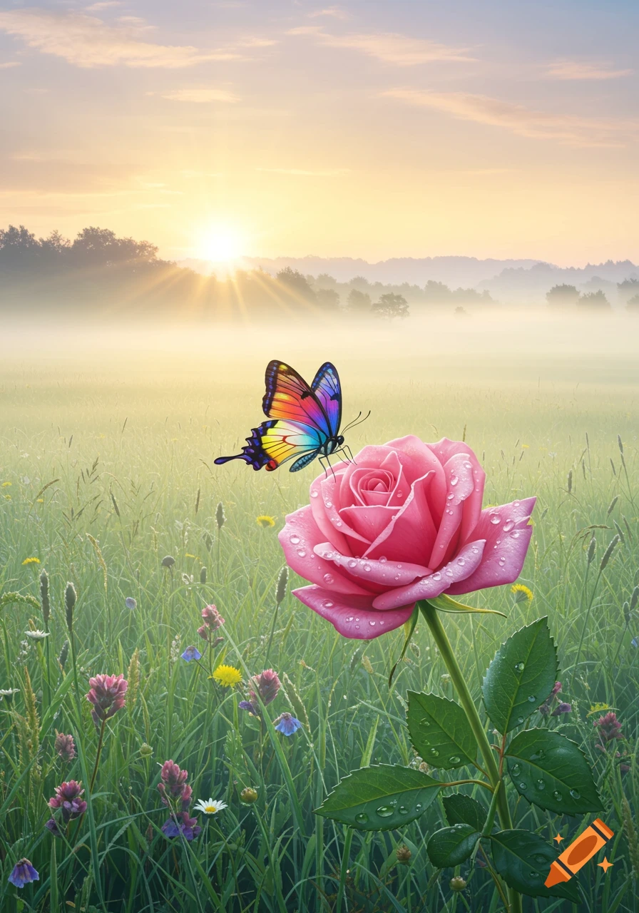 A vibrant butterfly with colorful wings rests on a pink rose covered in dewdrops in a misty field at sunrise.