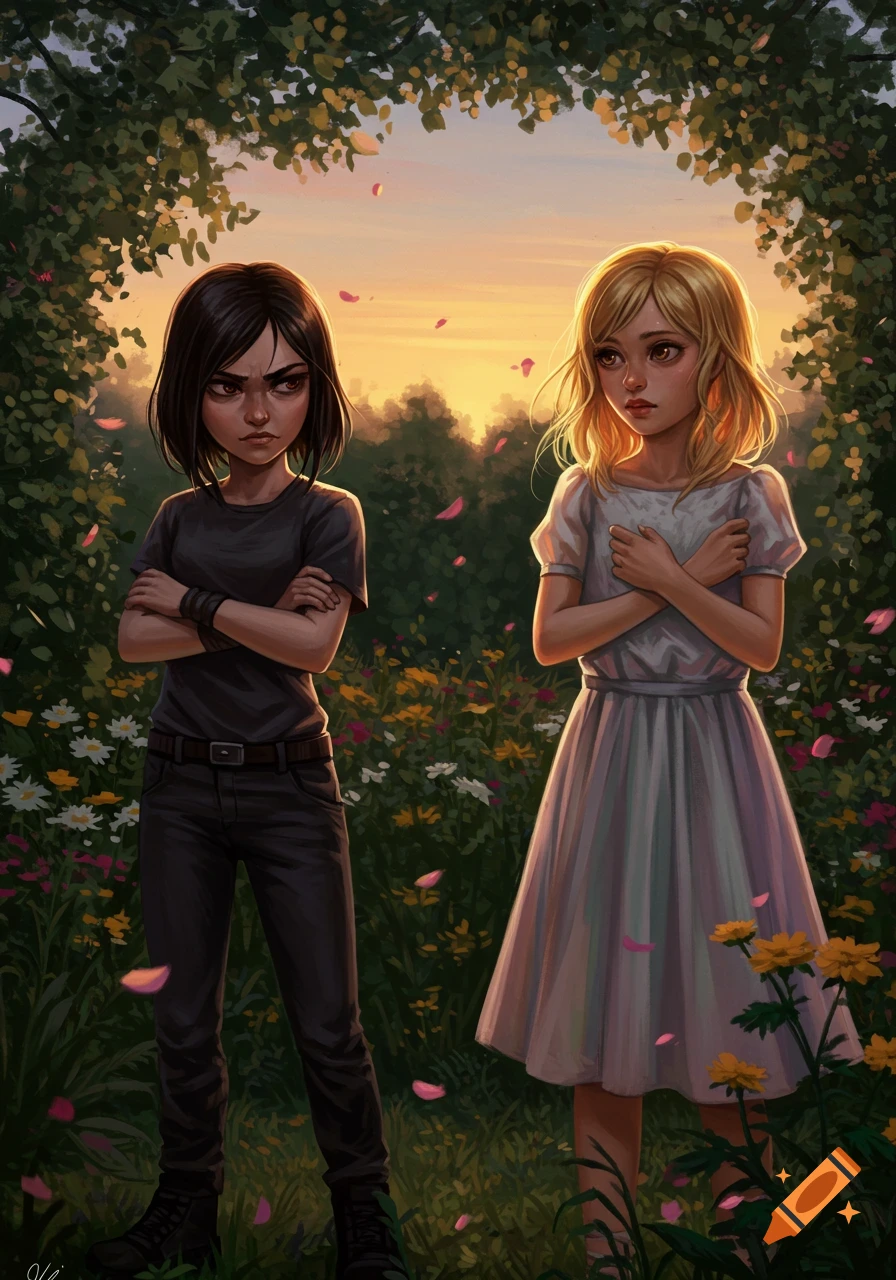 Two girls, one angry, one sad, stand in a colorful garden with a sunset glow, digital illustration.