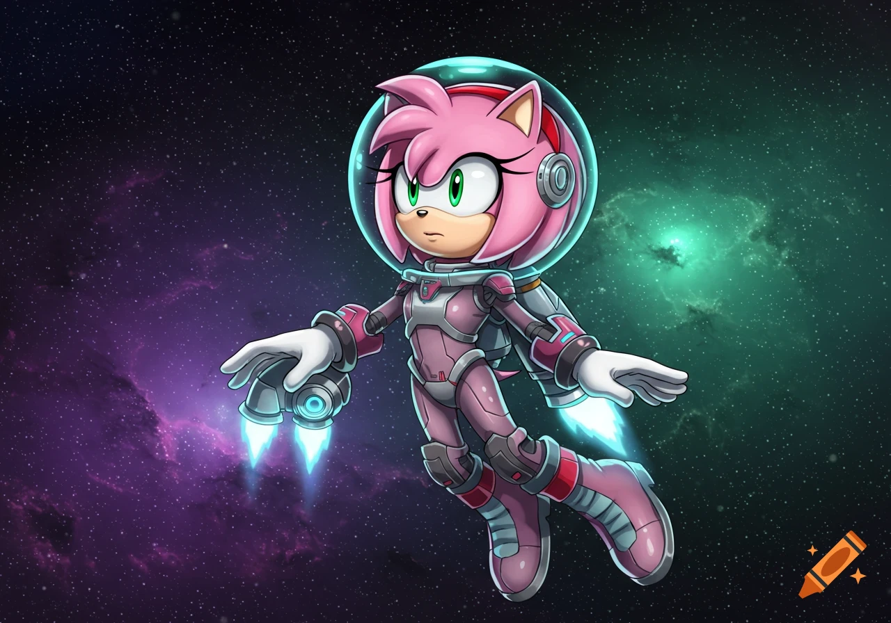 Amy Rose in a pink and white spacesuit flying in space with jet boots and a jetpack, surrounded by nebulae.