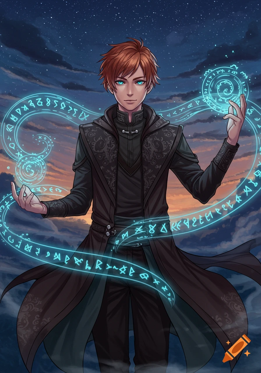 An anime male character with ginger hair and blue eyes, dressed in dark mage robes, wielding glowing blue magic runes against a starry night sky.
