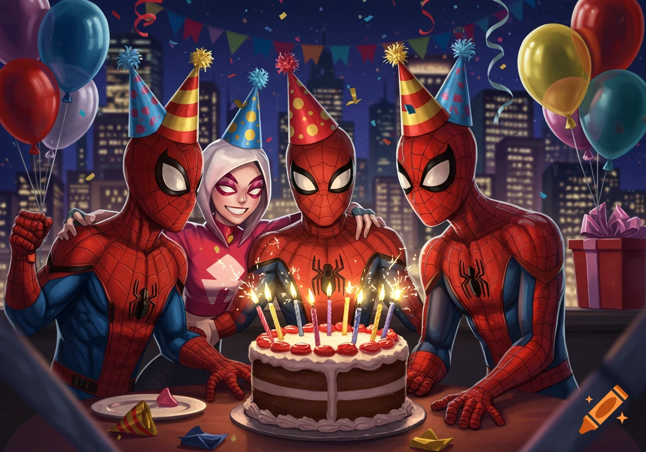 Three Spider-People, including Ghost-Spider, wear party hats around a birthday cake with lit candles on a city rooftop at night, comic art style.