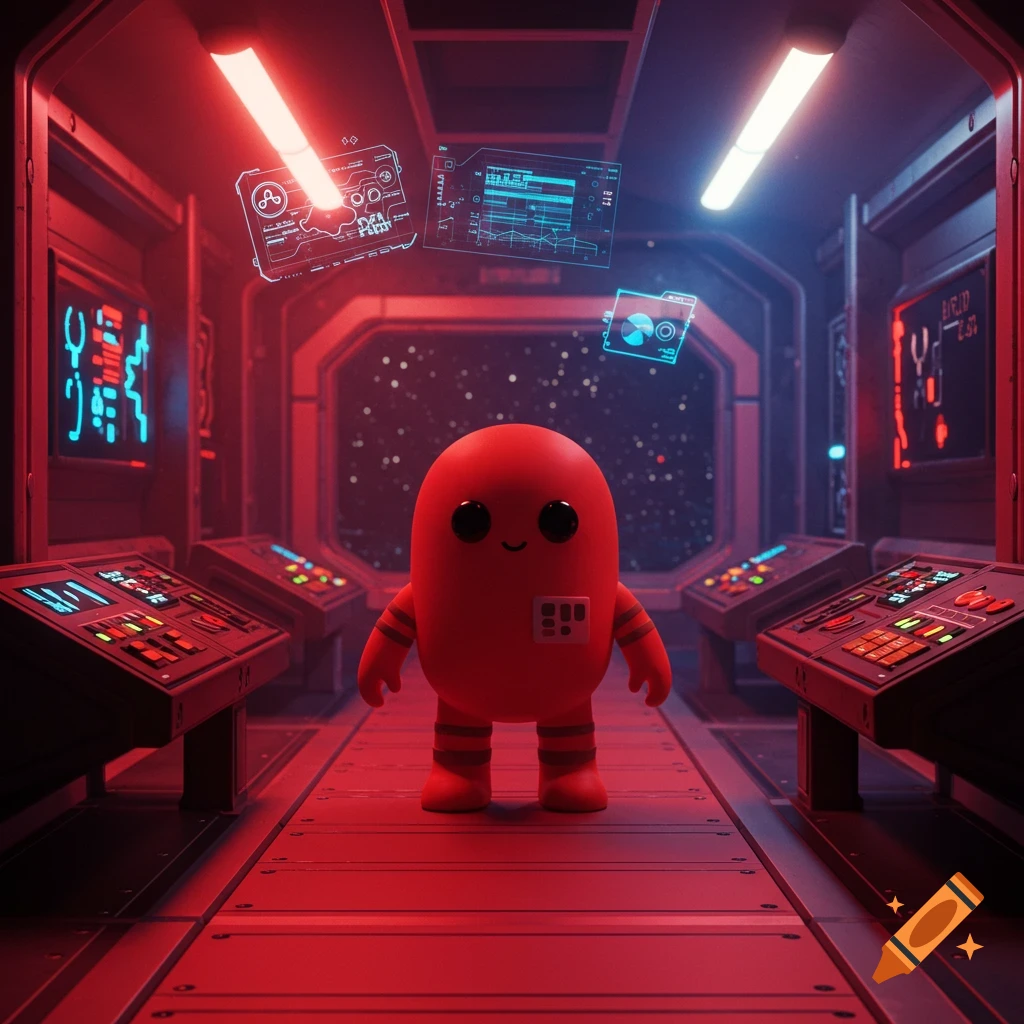 A red, bean-shaped character with big black eyes stands in a spaceship control room with red and blue lights, looking at star-filled space.