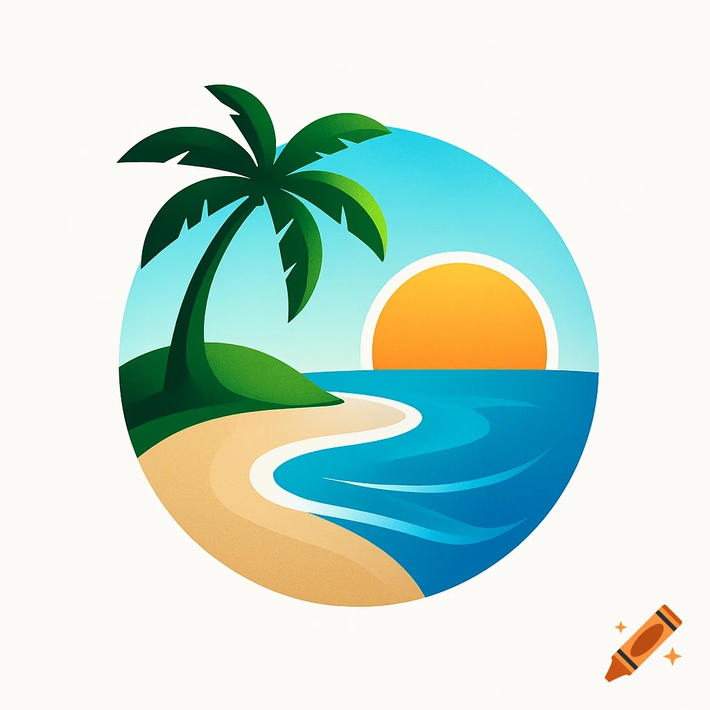 A stylized circular logo of a tropical island with a palm tree, sandy beach, blue ocean, and orange sun against a light blue sky.