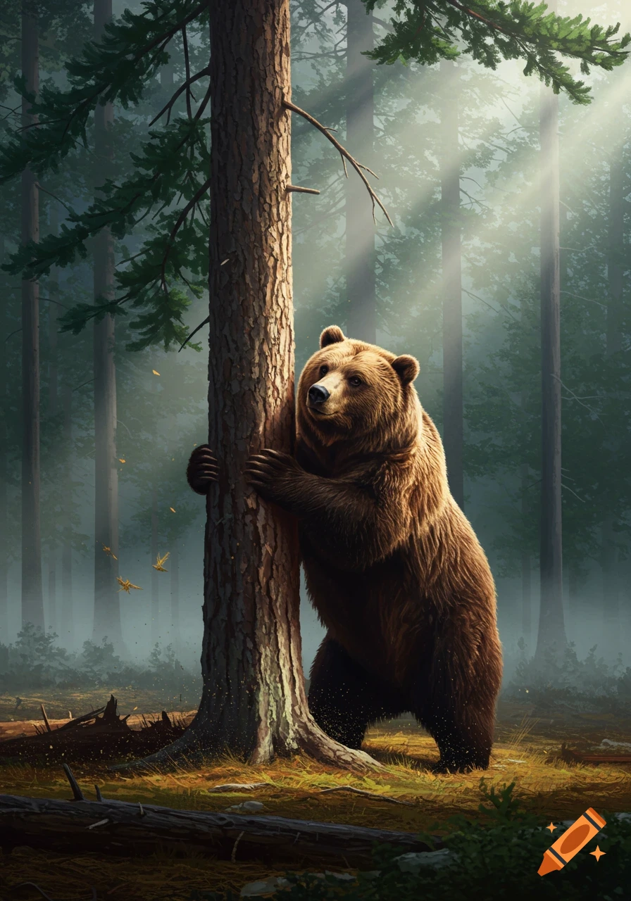 A brown bear stands on its hind legs, hugging a large tree trunk in a sunlit forest.