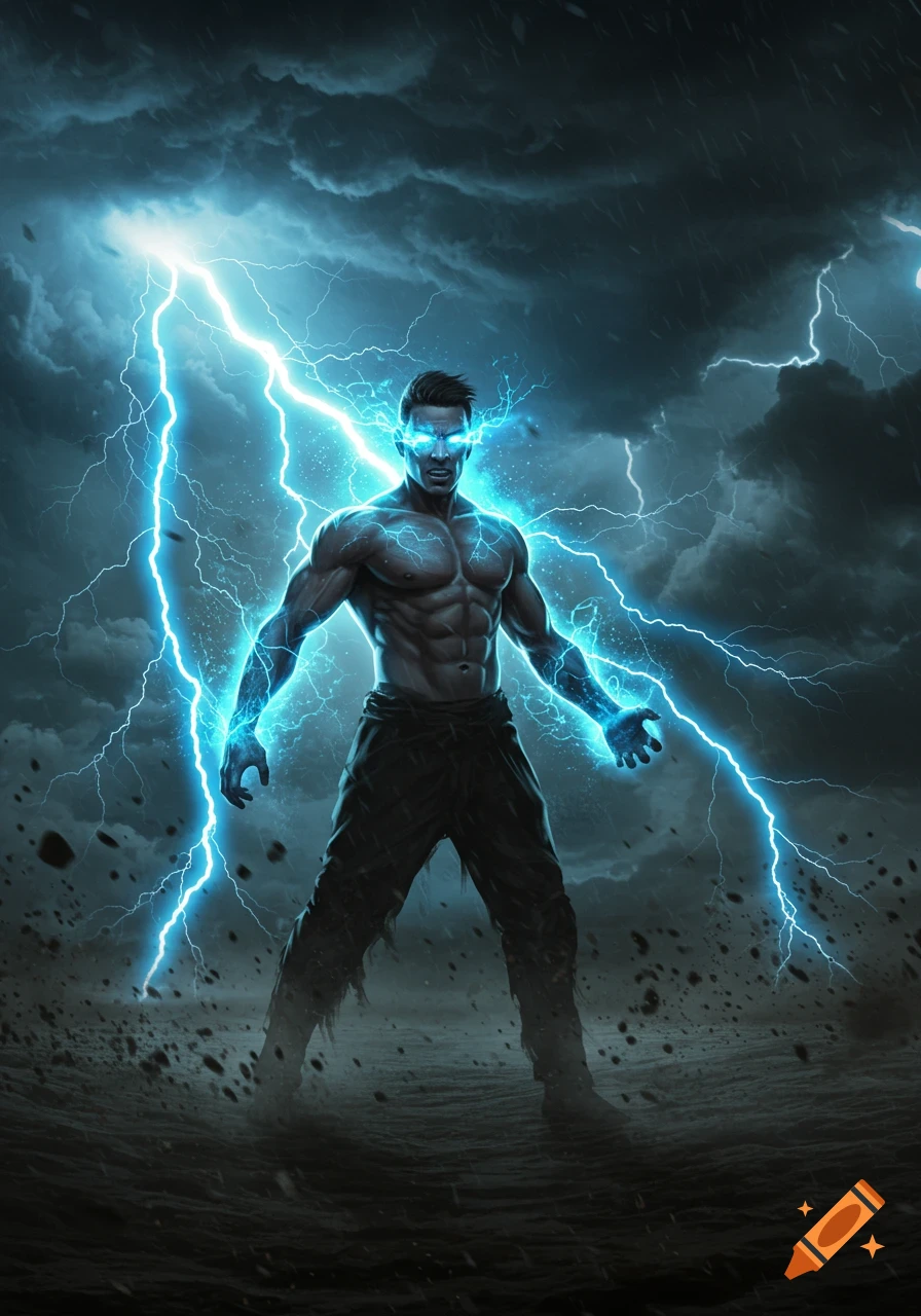 Muscular man with glowing blue eyes surrounded by bright blue lightning against a stormy sky.