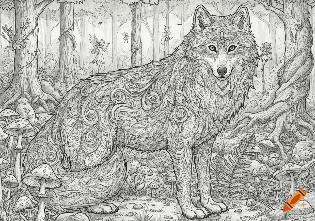 Detailed line art of a patterned wolf in a magical forest with mushrooms and small fairies.