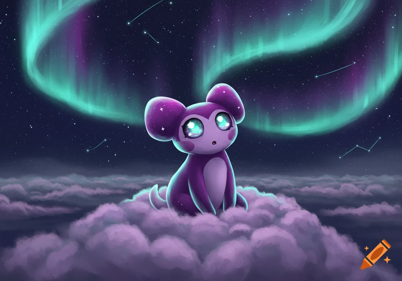 Cute purple creature with sparkling eyes sits on purple clouds under a night sky with a green and purple aurora.