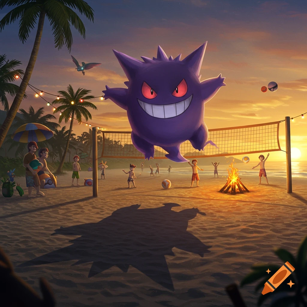 A giant purple Gengar jumps over a volleyball net on a beach at sunset, with children playing and palm trees in the background.