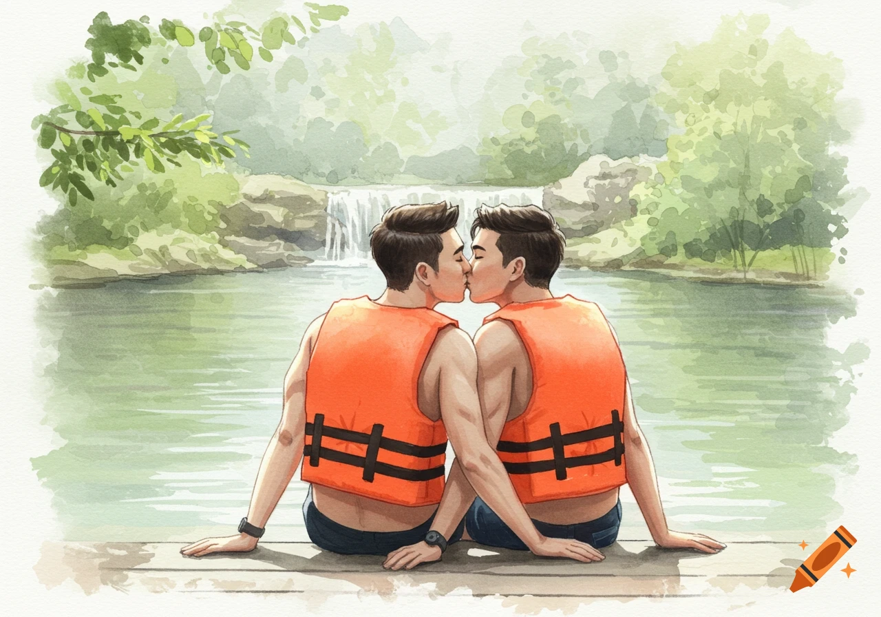 Two men in orange life vests kiss tenderly by a river with a waterfall in a soft watercolor style.