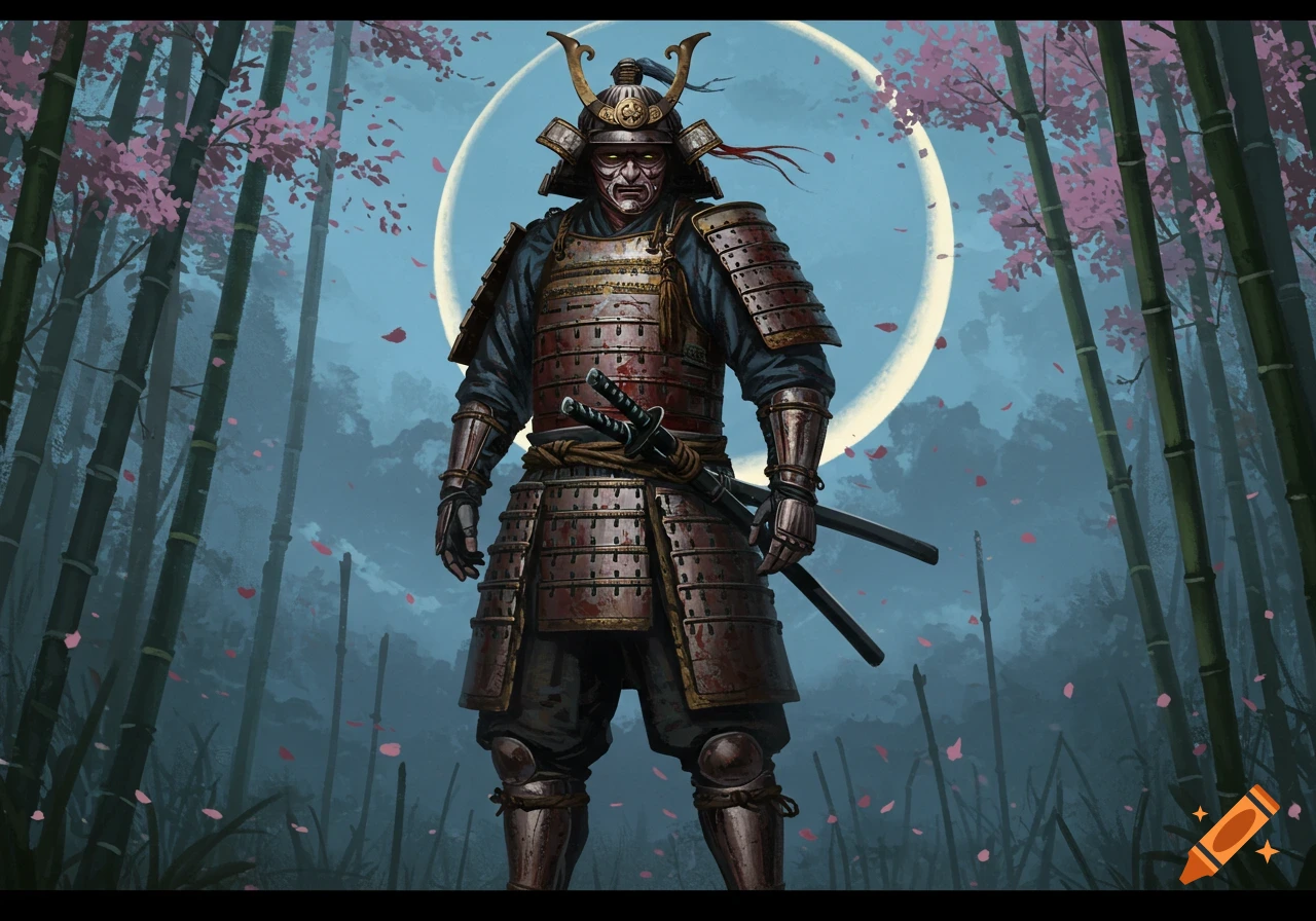 A heavily armored battle-scarred samurai stands in a bamboo forest under a large moon, with pink cherry blossoms.