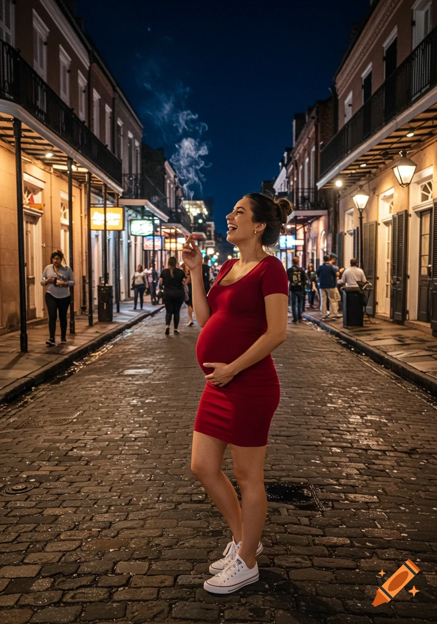 A smiling pregnant woman in a red dress smokes a cigarette on a cobblestone street at night, surrounded by city lights and buildings.