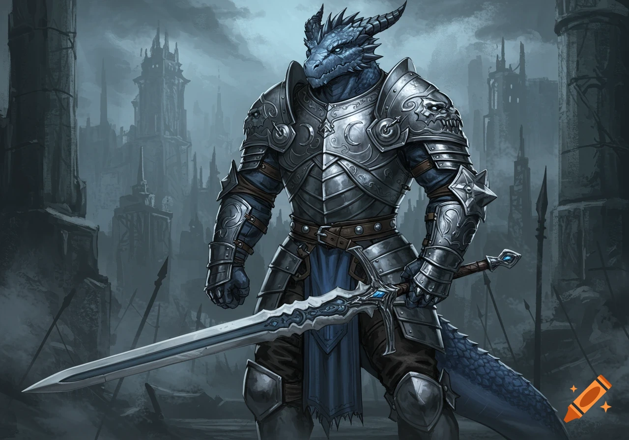 A blue dragonborn knight in silver armor with a broken horn holds a sword, standing before a ruined castle.