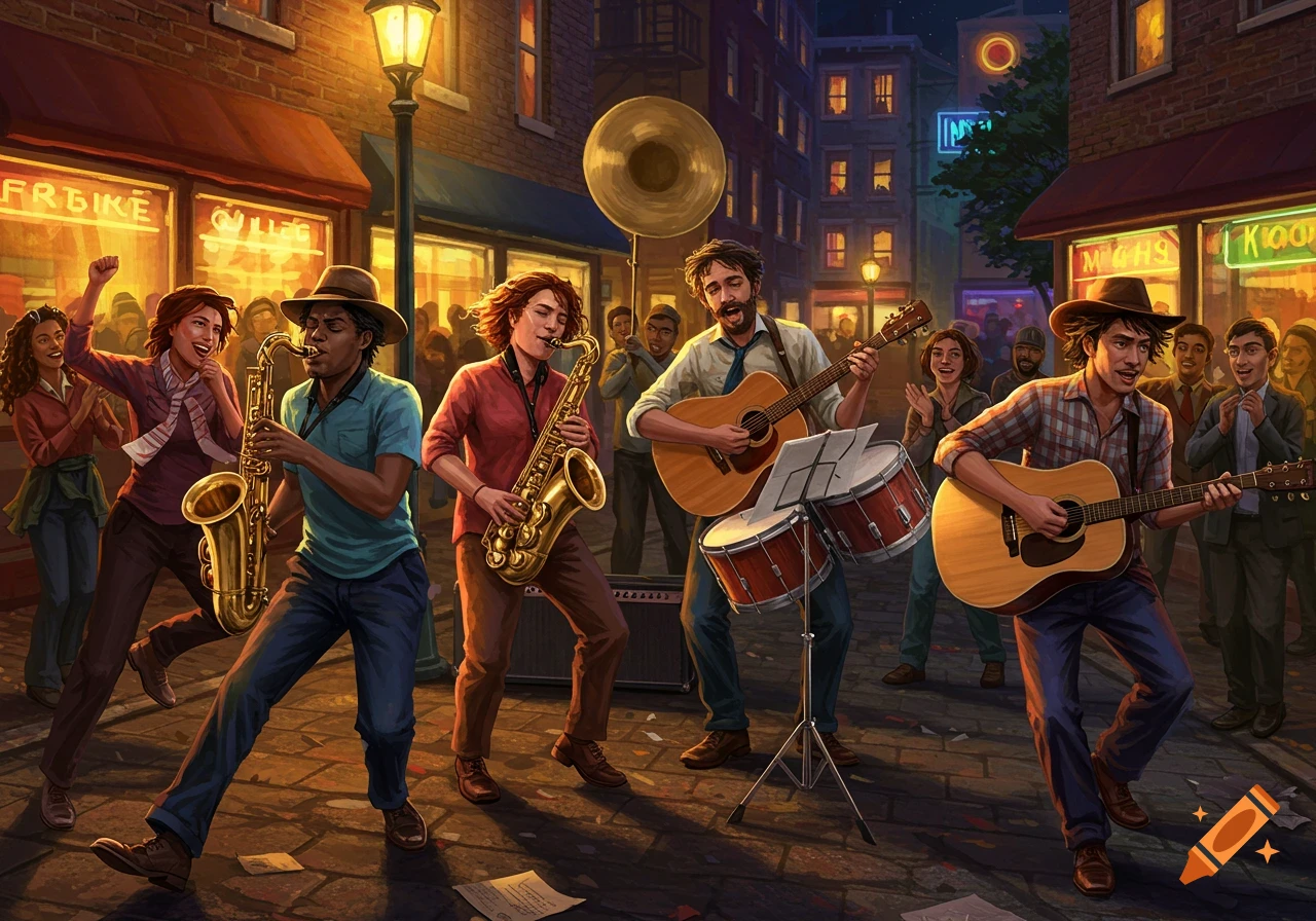 A lively band plays music on a city street at night. Two saxophonists, two guitarists, and a drummer perform for an appreciative crowd under warm streetlights.