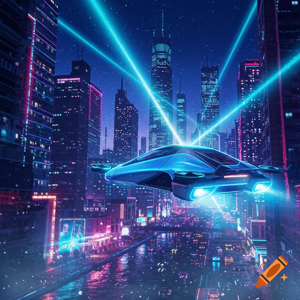 A sleek blue flying car soars above a vibrant, neon-lit futuristic city at night, with bright light beams reaching skyward.