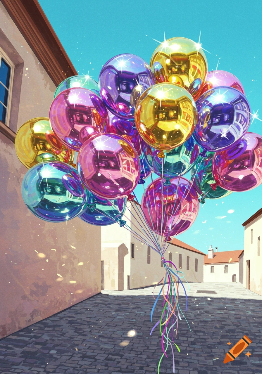 A vibrant bunch of shiny, colorful balloons floats in a sunny cobblestone alley between buildings.