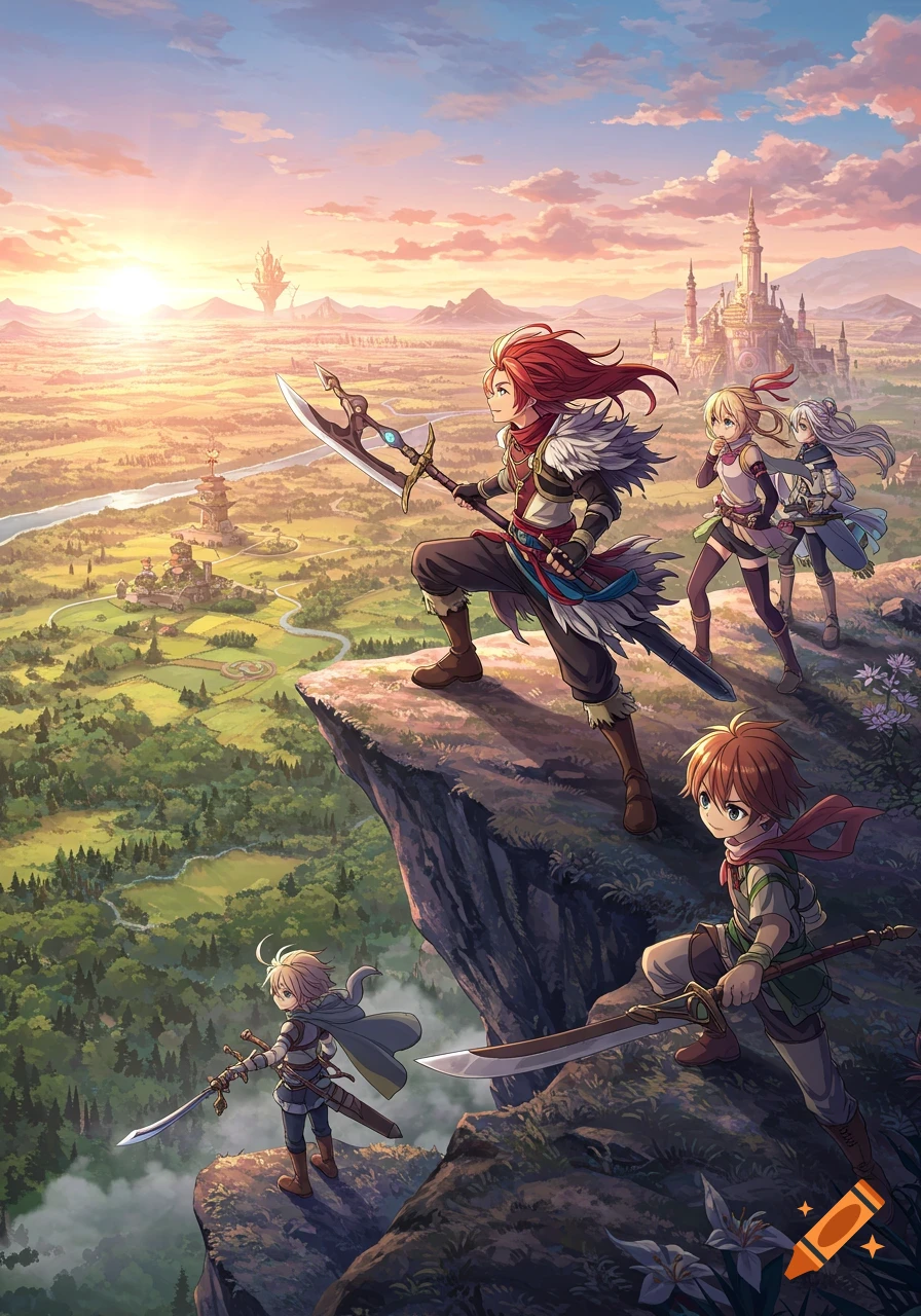 An anime party of adventurers, including a warrior, mage, and two children, stands on a cliff overlooking a vast fantasy landscape with castles and a sunset.