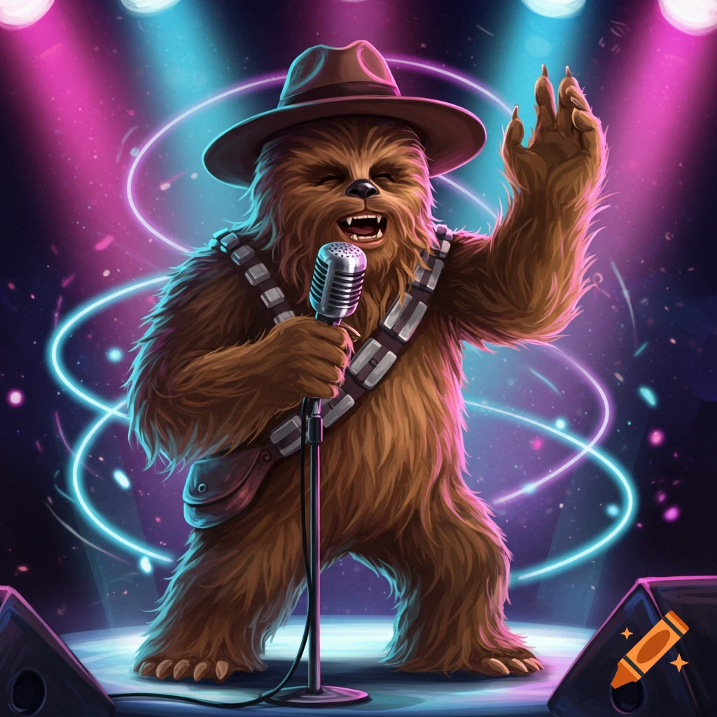 An illustrated Wookiee character wearing a hat sings into a vintage microphone on a stage illuminated by pink and blue spotlights.