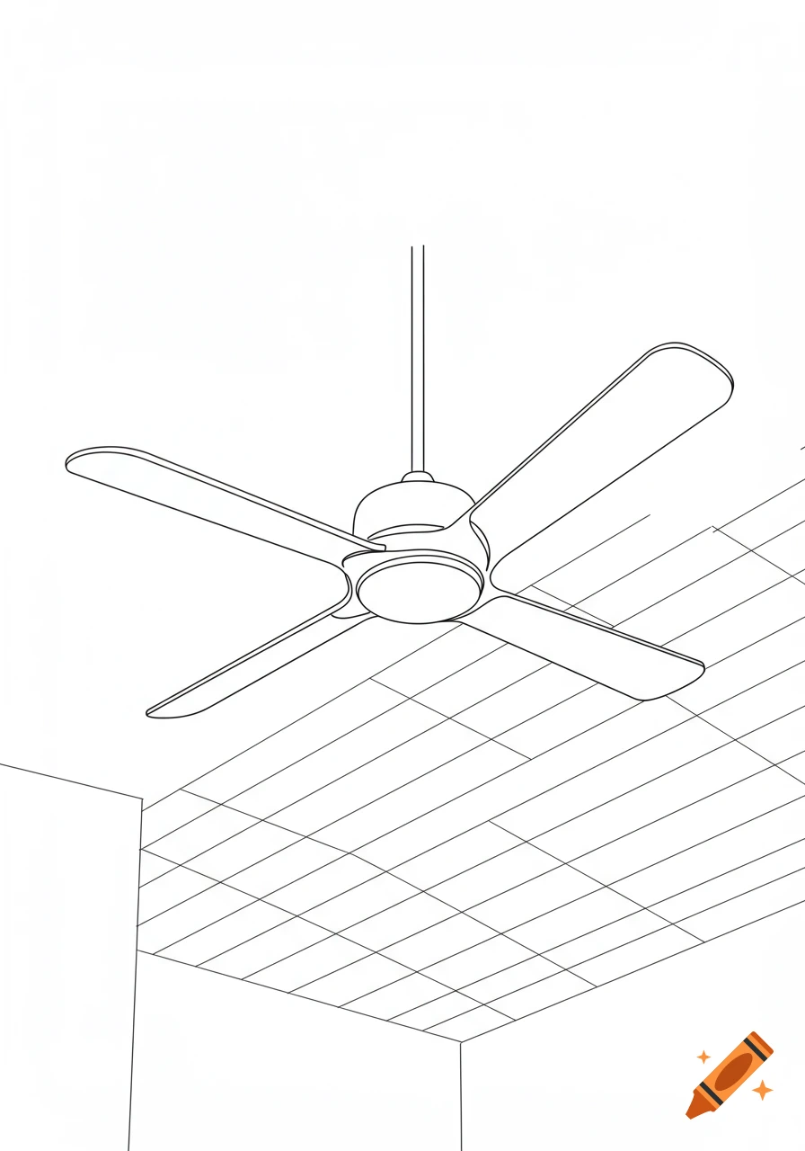 A black and white line drawing of a four-blade ceiling fan hanging from a ceiling with a grid pattern.