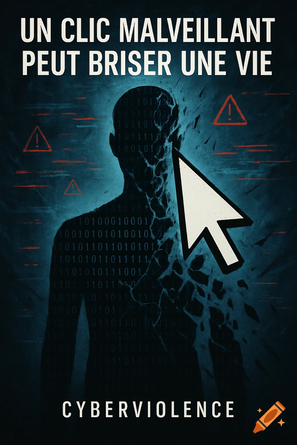 A digital art poster on cyberviolence. A fragmented human silhouette is targeted by a mouse cursor, with binary code and warning signs. Text: 'UN CLIC MALVEILLANT PEUT BRISER UNE VIE' and 'CYBERVIOLENCE'.