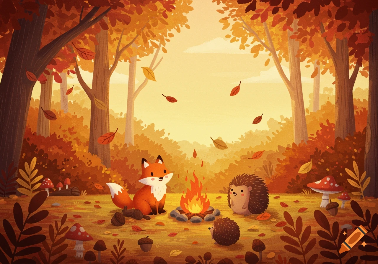 A cute fox and two hedgehogs sit by a campfire in a vibrant autumn forest with falling leaves and mushrooms, illustrated.