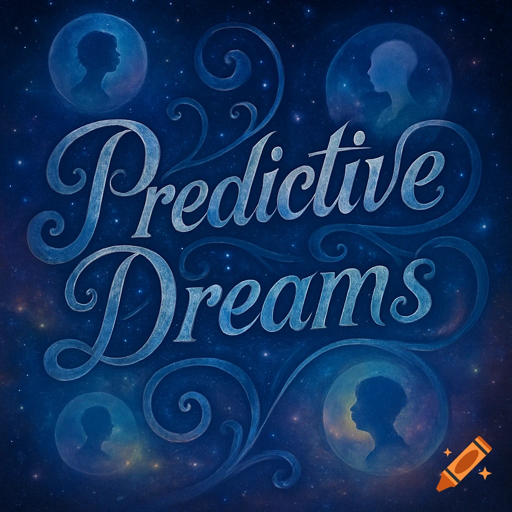 Word art spelling 'Predictive Dreams' in a flowing script, surrounded by a starry blue-purple nebula background with silhouetted profiles in glowing circles.