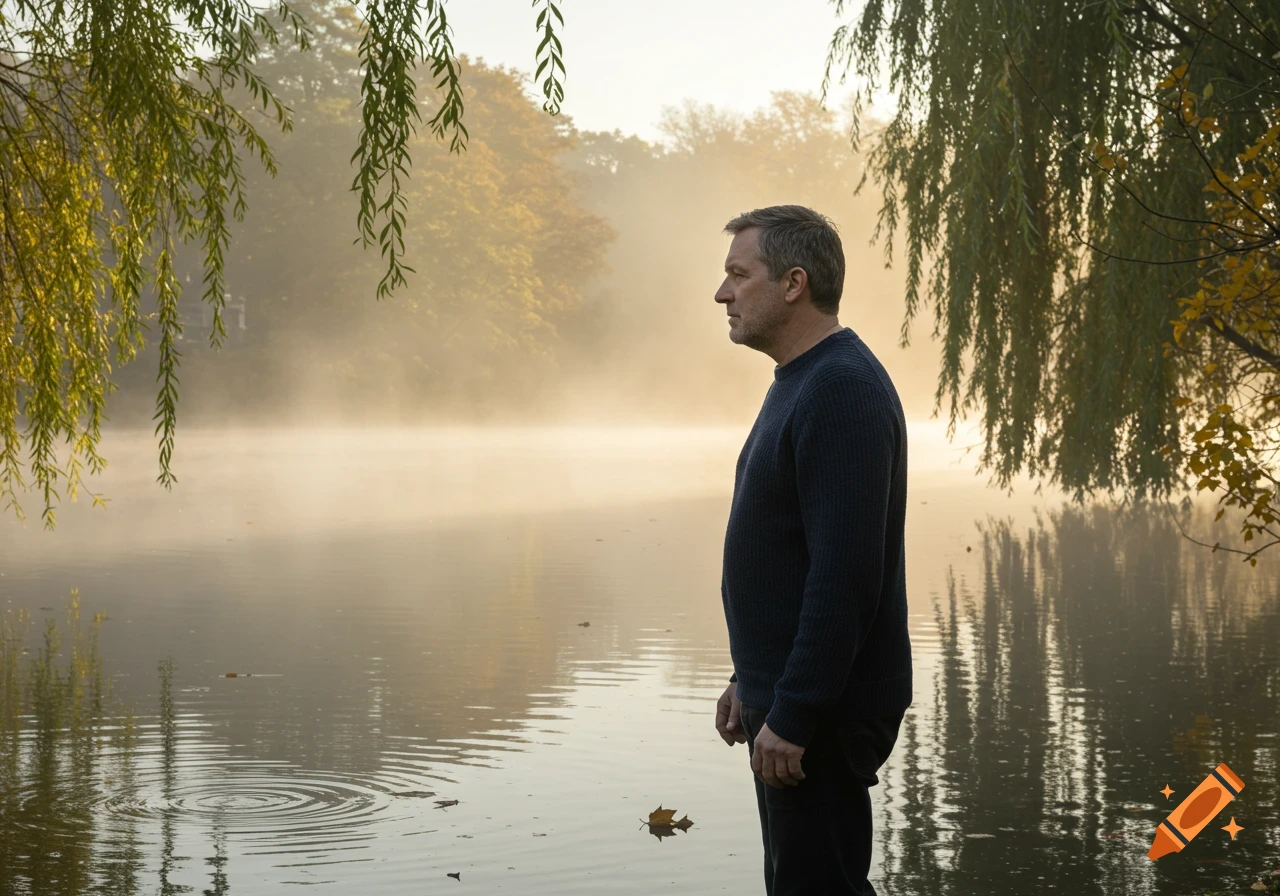 A man stands in profile facing a foggy lake, framed by willow branches, in an autumn landscape.