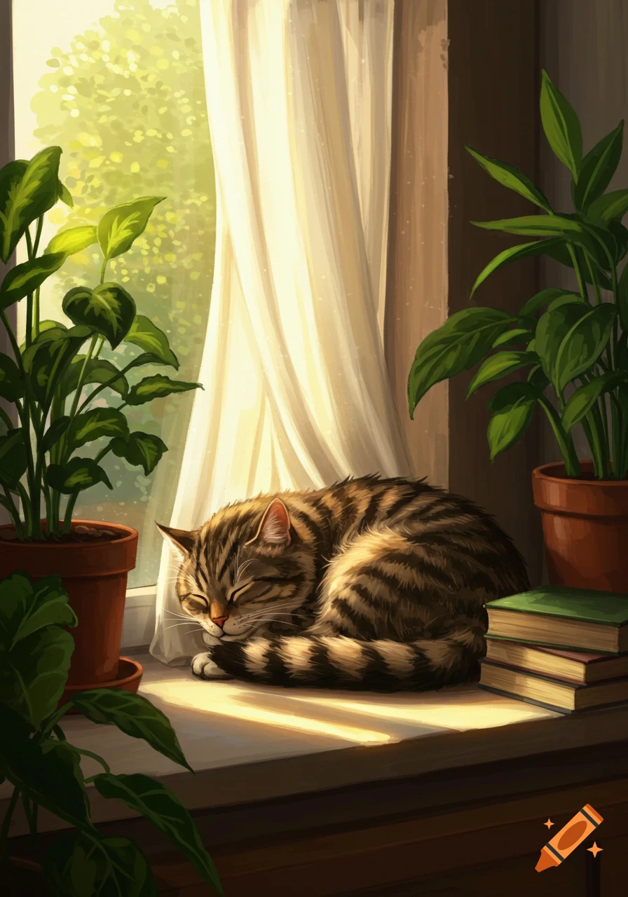 An illustrative image of a tabby cat sleeping curled up on a sunlit windowsill, surrounded by green potted plants and a stack of books.