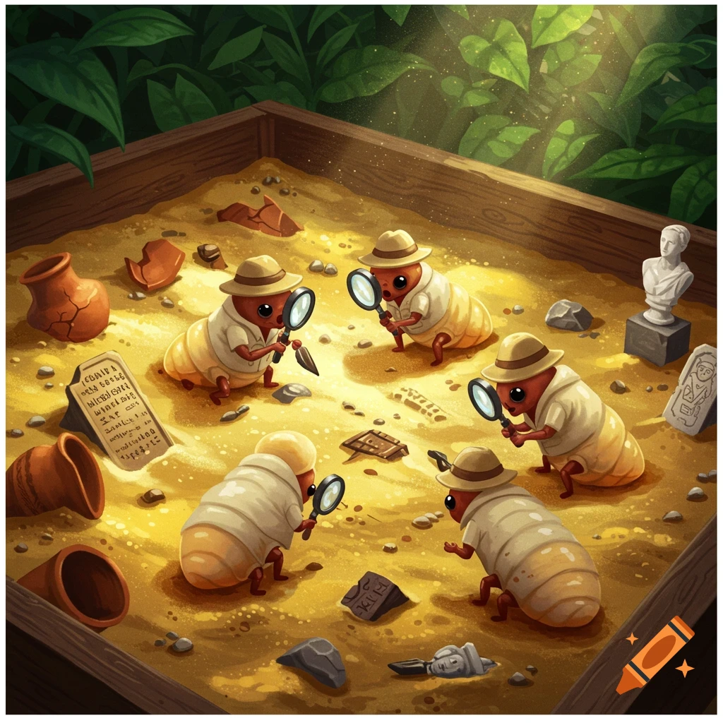 Cartoon grub-archaeologists in pith helmets dig for ancient artifacts in a sand pit.