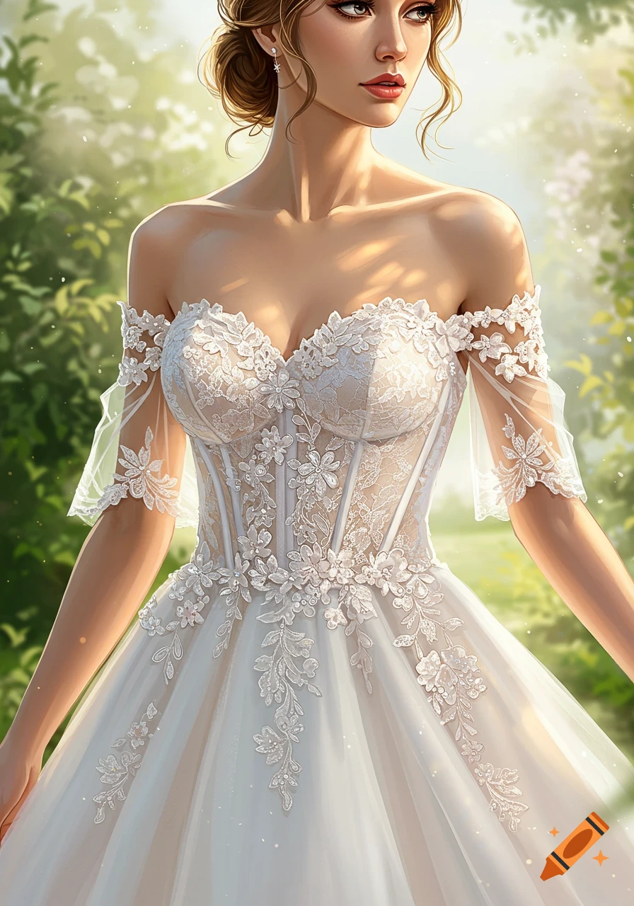 A woman in a white off-shoulder lace wedding dress stands in a sunny, green garden, looking elegantly to the side.