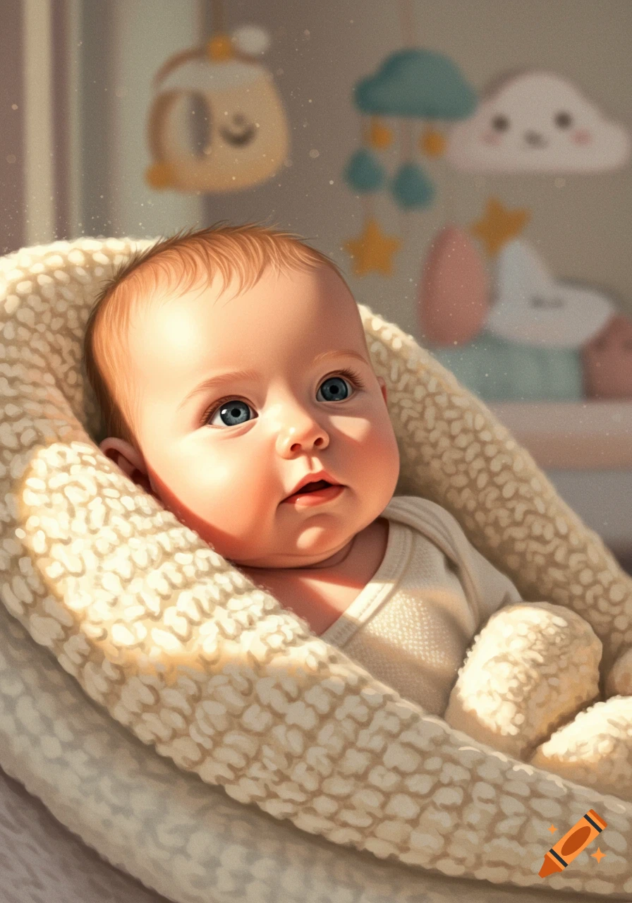 Close-up of a baby with bright blue eyes, wrapped in a cream knitted blanket, looking up in soft sunlight.
