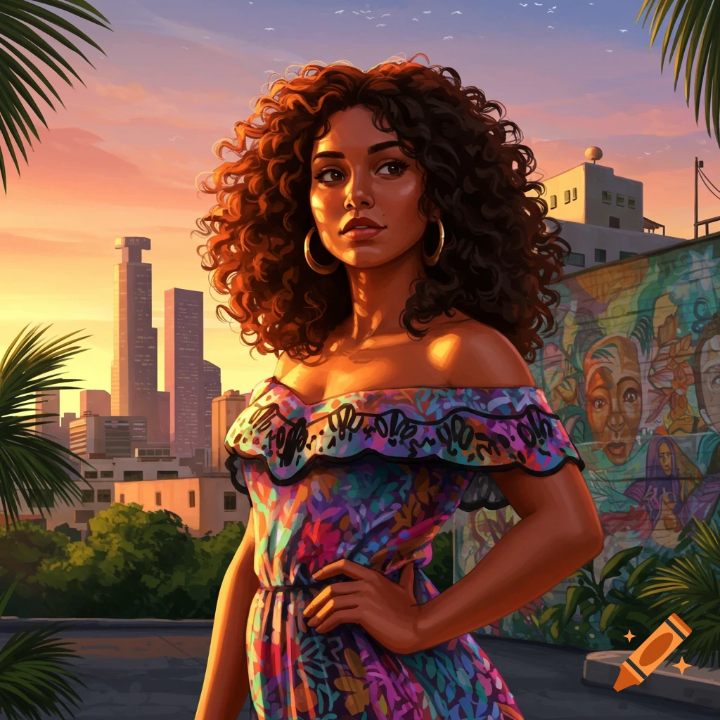 A digital illustration of a Latina woman with curly hair in a floral dress on a city rooftop with a mural at sunset.