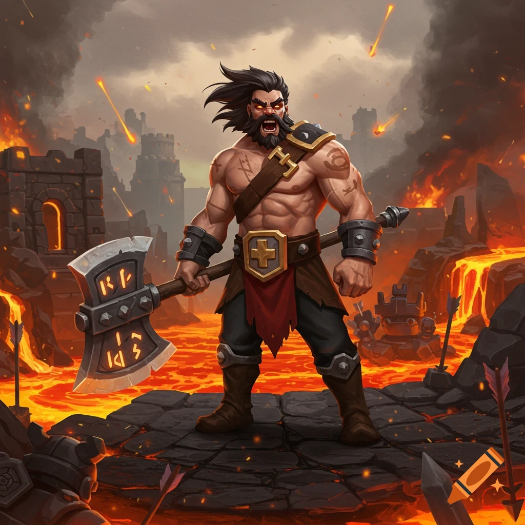 A stylized berserker with glowing red eyes, muscular and shirtless, roars while holding a large axe. He stands on dark rocks surrounded by lava and ruined castles under a smoky, fiery sky.