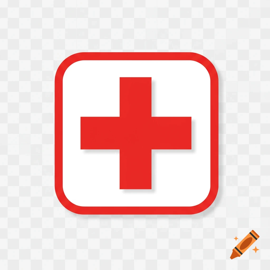 Red medical cross inside a white square with a red rounded border, on a transparent background.
